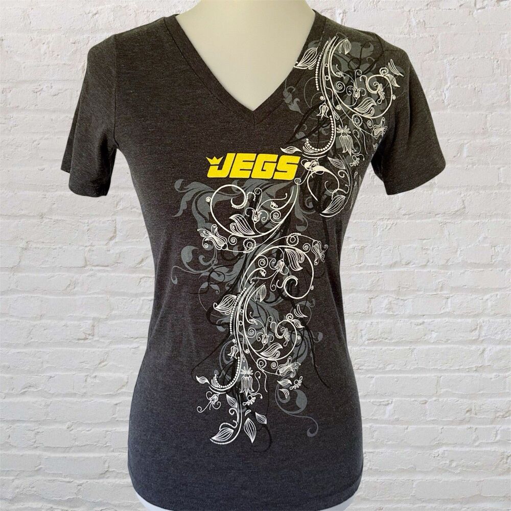 Vintage Y2K JEGS Racing Baby Tee Womens Small Floral Graphic Tee V-Neck Gray